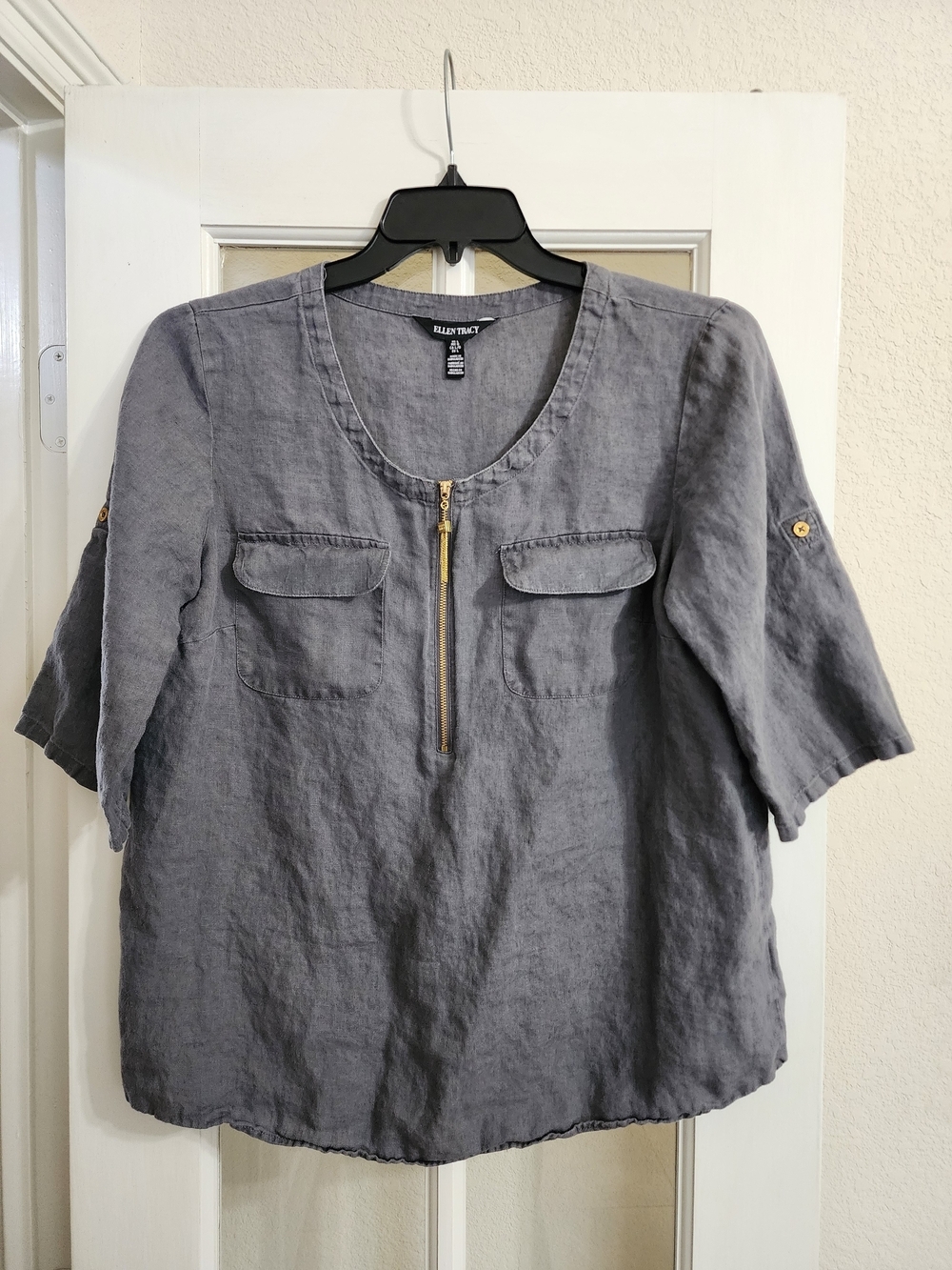 Ellen Tracy 100% Linen Gray Utility Zip Popover Top Large